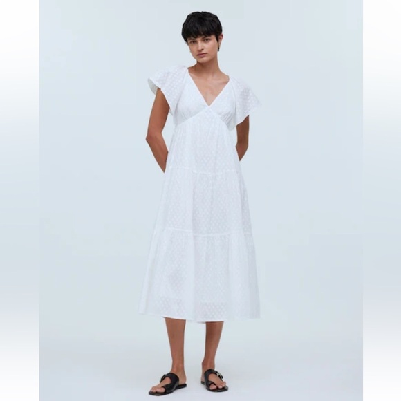 Madewell Tie Back Flutter Sleeve Tiered Midi Dress White Cottagecore 00 NEW - Picture 1 of 12